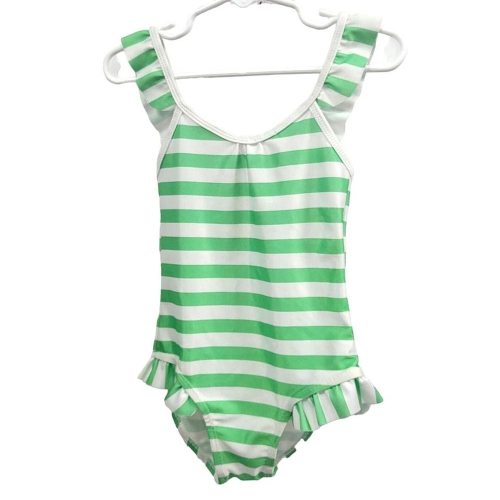 Green and White Stripe Toddler Swim Suit Size 3T Ruffled sleeves/legs Swim Suit